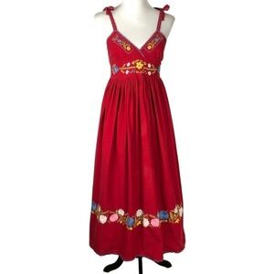 CANDELA NYC Embroidered Floral Cotton Maxi Dress Sz M Red Cotton Boho Tie